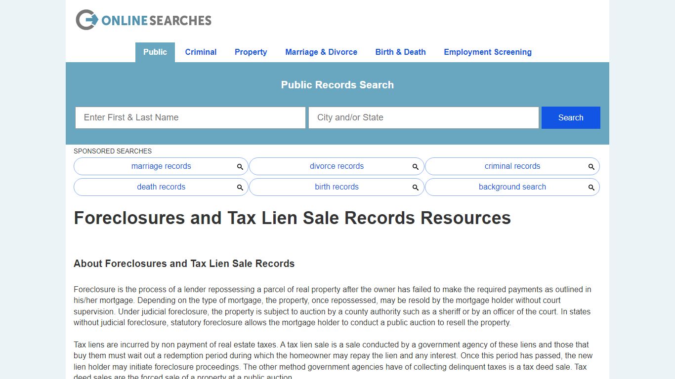 Foreclosures and Tax Lien Sale Records Search Directory